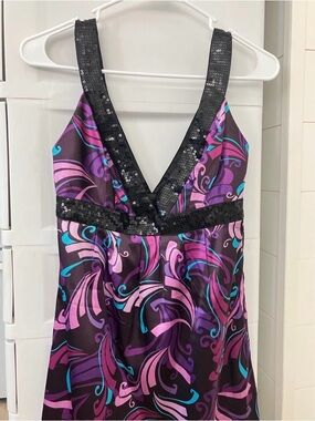 Emilio Pucci Inspired Sequin Trim V-Neck Party Dress in Purple & Teal Swirl